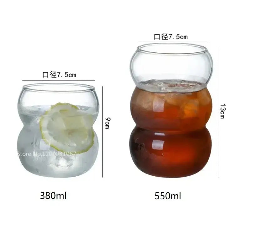 Clear glass cold brew coffee tumblers with three-segmented rounded design and 7.5cm diameter mouth in 380ml and 550ml sizes