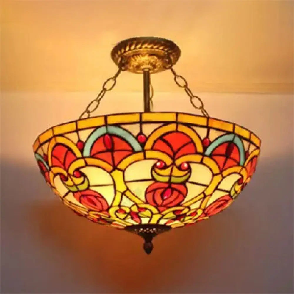 DecorBites™ baroque style stained glass ceiling light with vibrant reds yellows and greens semi flush mount fixture
