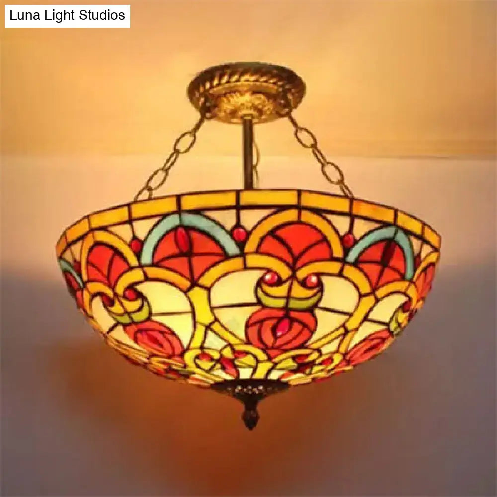 Decorbites baroque style stained glass ceiling light with vibrant red yellow teal floral patterns semi flush mount fixture