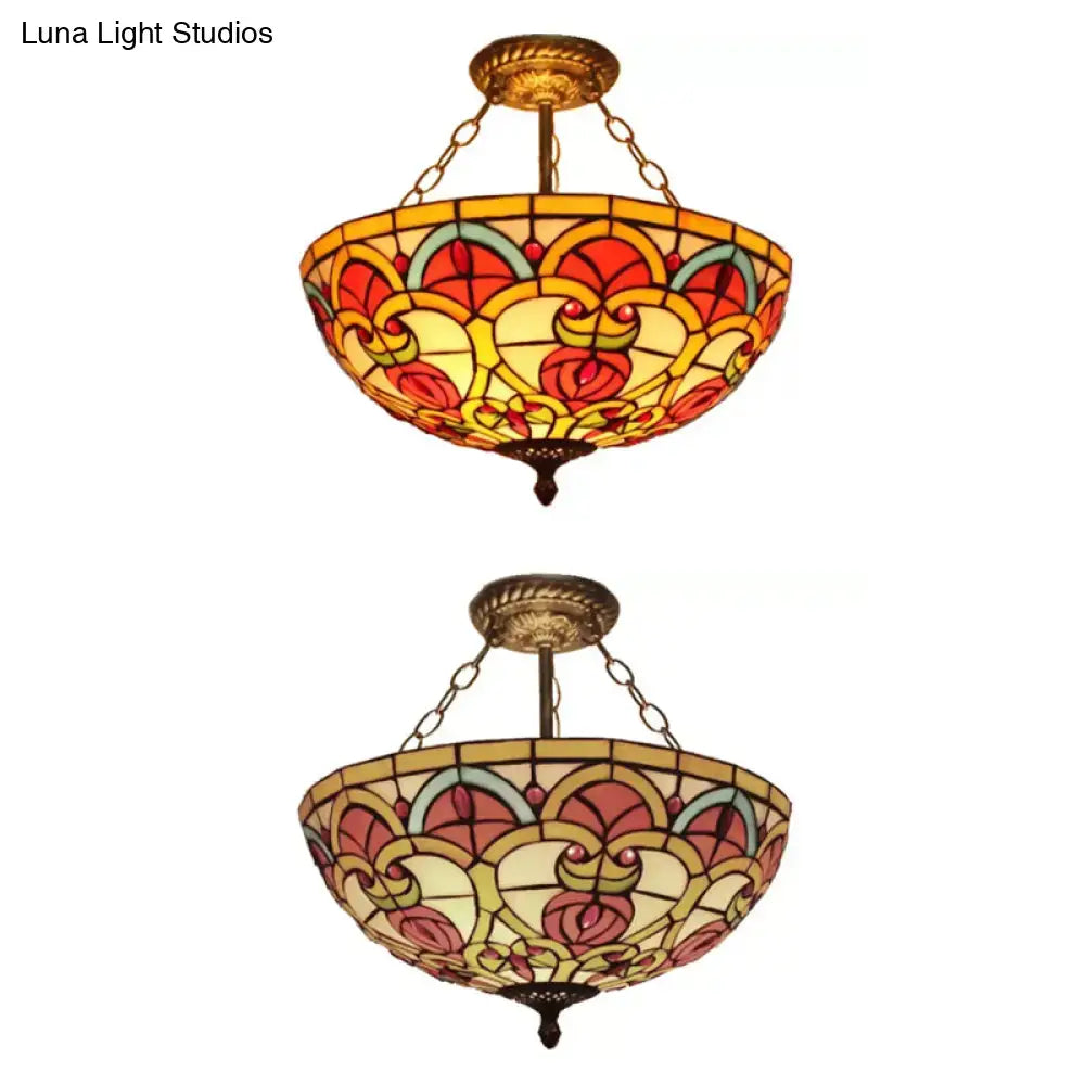 Decorbites™ baroque style stained glass ceiling light with semi flush mount and vibrant floral red yellow teal patterns