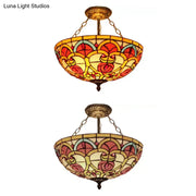 Decorbites™ baroque style stained glass ceiling light with semi flush mount and vibrant floral red yellow teal patterns