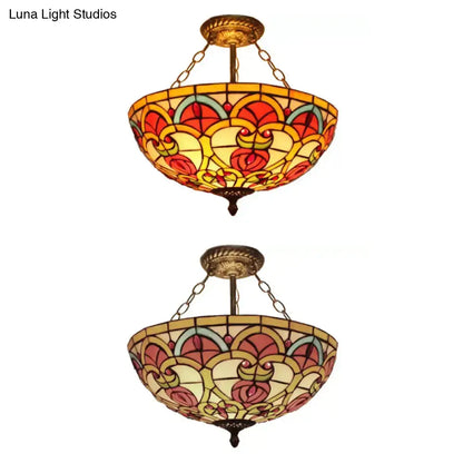 Decorbites™ baroque style stained glass ceiling light with semi flush mount and vibrant floral red yellow teal patterns