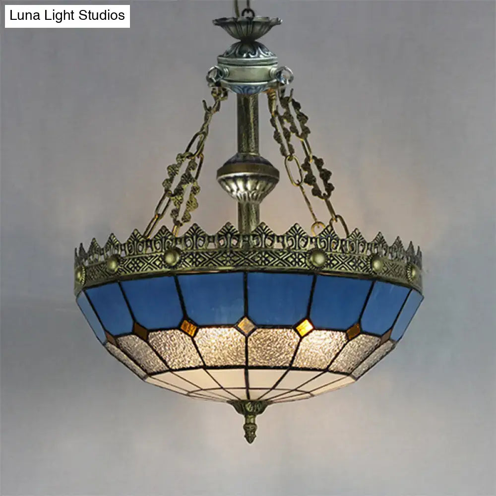 Decorbites adjustable stained glass pendant light with white clear bowl, blue and gold glass, and metal chain detailing
