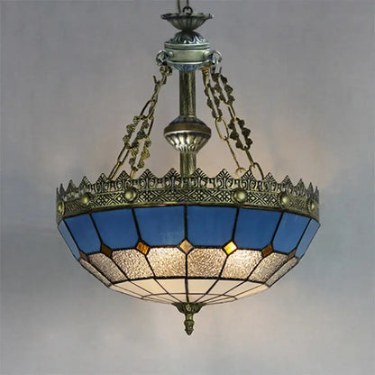 DecorBites adjustable stained glass ceiling pendant light with white clear glass and metal chain in antique blue and gold