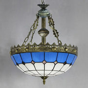 Decorbites™ adjustable stained glass ceiling pendant with white clear glass and ornate brass accents hanging from metal chain