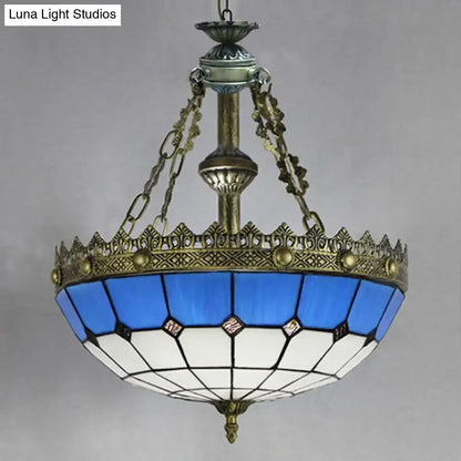 Decorbites™ adjustable stained glass ceiling pendant with blue white glass and ornate brass accents on metal chain