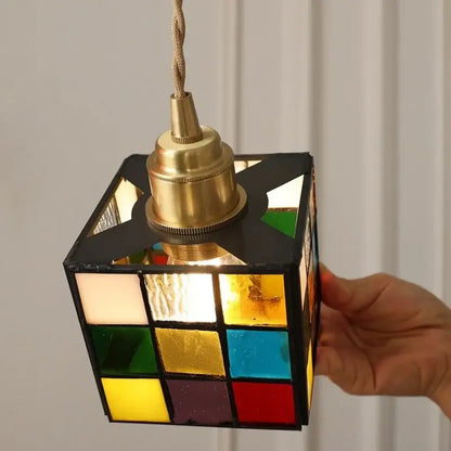 Colorful stained glass cube led pendant lamp with brass fixture braided cord and walnut wood for bedroom decorbites cube led