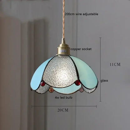 Delicate stained glass floral pendant light with colorful glass copper finish featuring mint silver and red beads