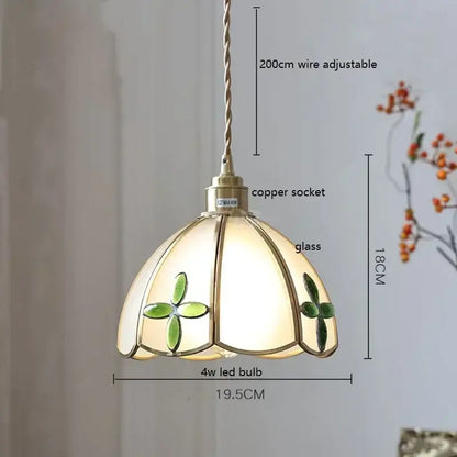 Stained glass floral pendant light with cream and green colorful glass and copper finish for kitchen decorbites colorful glass copper