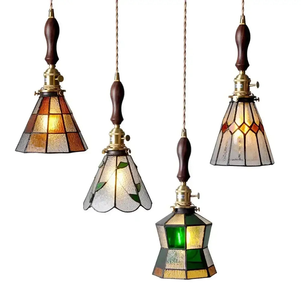 Stained glass floral pendant light with colorful glass copper shades amber green clear and dark wood handles decorbites colorful glass