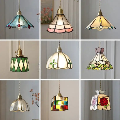 Stained glass floral pendant light with colorful glass copper panels in blue pink green yellow and red for kitchen decorbites colorful glass