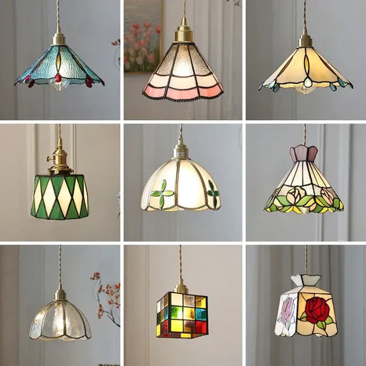 Stained glass floral pendant light with colorful glass copper panels in blue pink green yellow and red for kitchen decorbites colorful glass