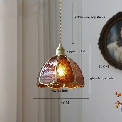 Warm amber stained glass floral pendant light with copper finish and adjustable wire by decorbites colorful glass copper