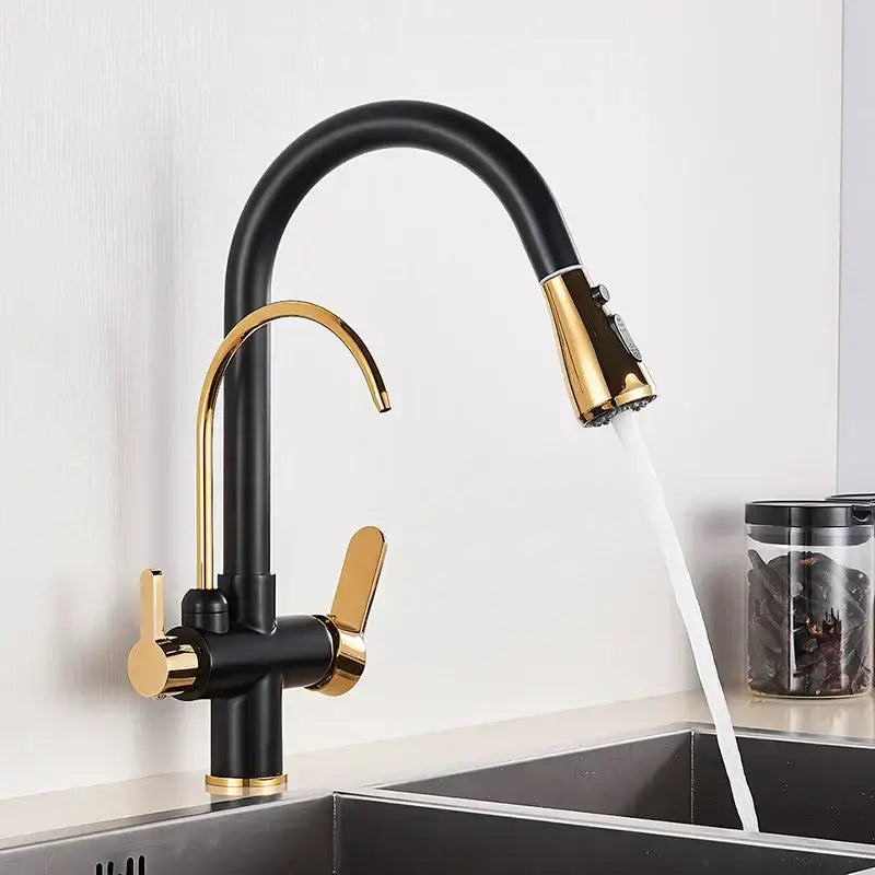 Black and gold stainless steel arched water filter faucet with dual handles and pull down spray head for kitchen use