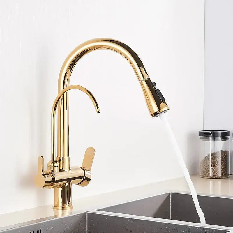 Gold-colored stainless steel water filter faucet with sleek arched pull-down spray head for modern kitchen use