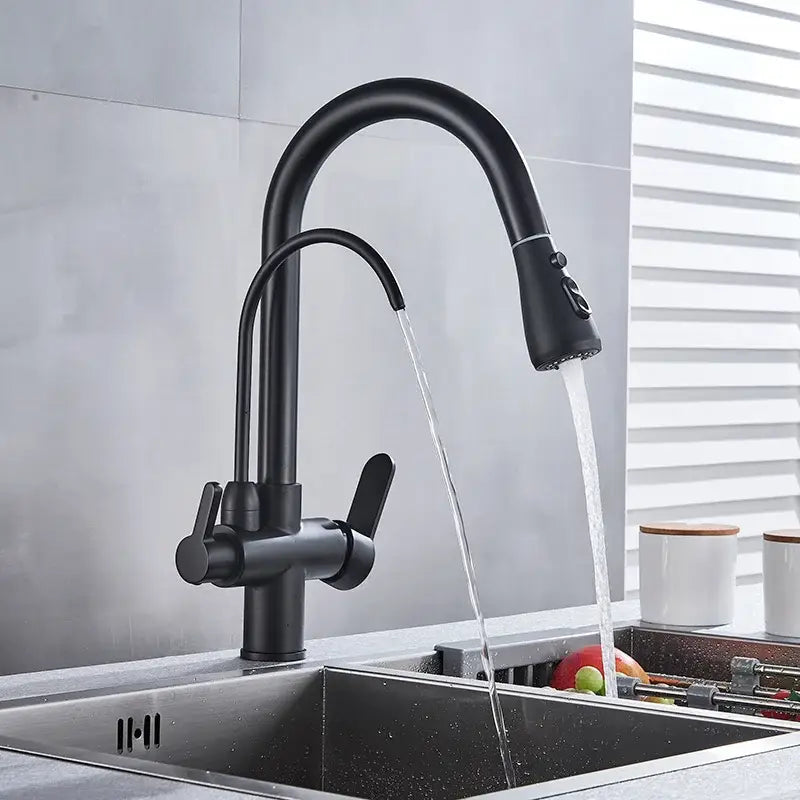Black matte water filter faucet with curved stainless steel arched spout and pull-down spray head for kitchen use
