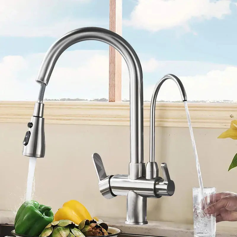 Stainless steel arched water filter faucet with curved spout and pull-down spray head for kitchen use