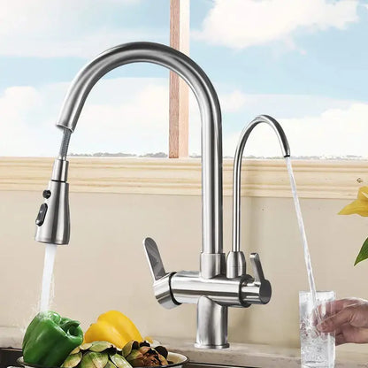 Stainless steel arched water filter faucet with curved spout and pull-down spray head for kitchen use