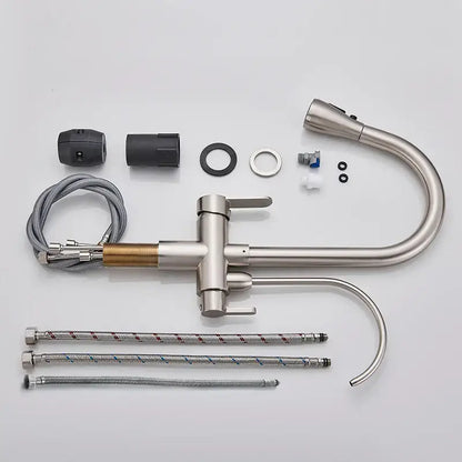 Modern brushed stainless steel arched water filter faucet with sleek curved spout and dual handles for kitchen use