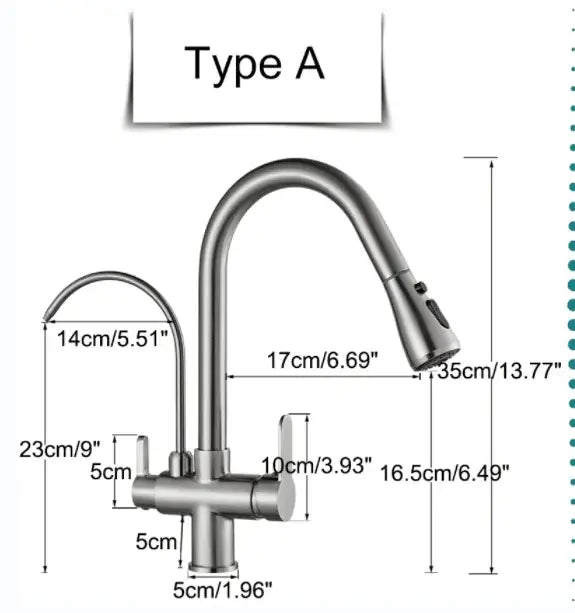 Stainless steel arched water filter faucet kitchen pull down spray with curved spout and pull-down spray head type a