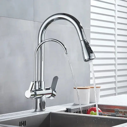 Chrome-finished stainless steel arched water filter faucet with pull-down spray and dual handles for hot and cold control