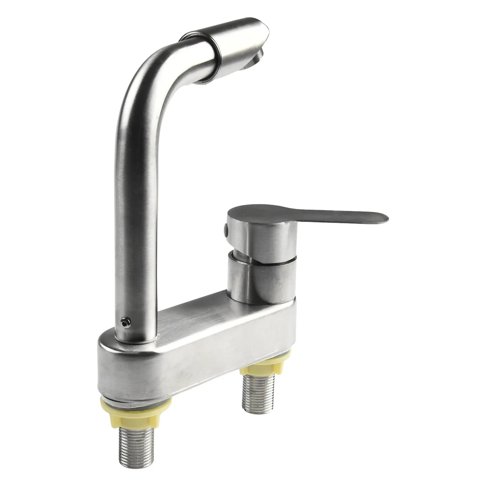 Modern brushed stainless steel deck mounted basin faucet with sleek curved spout and single lever handle housing material