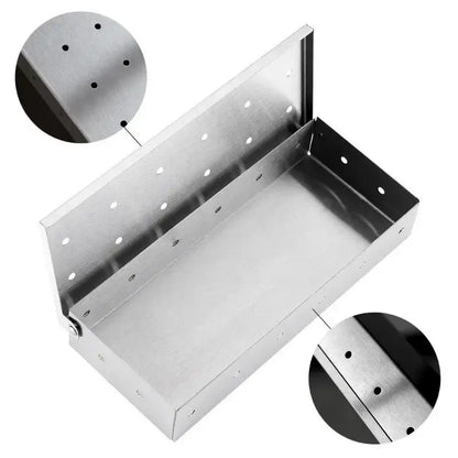Rectangular stainless steel bbq smoker box with brushed metallic finish and evenly spaced holes for wood chips infusion