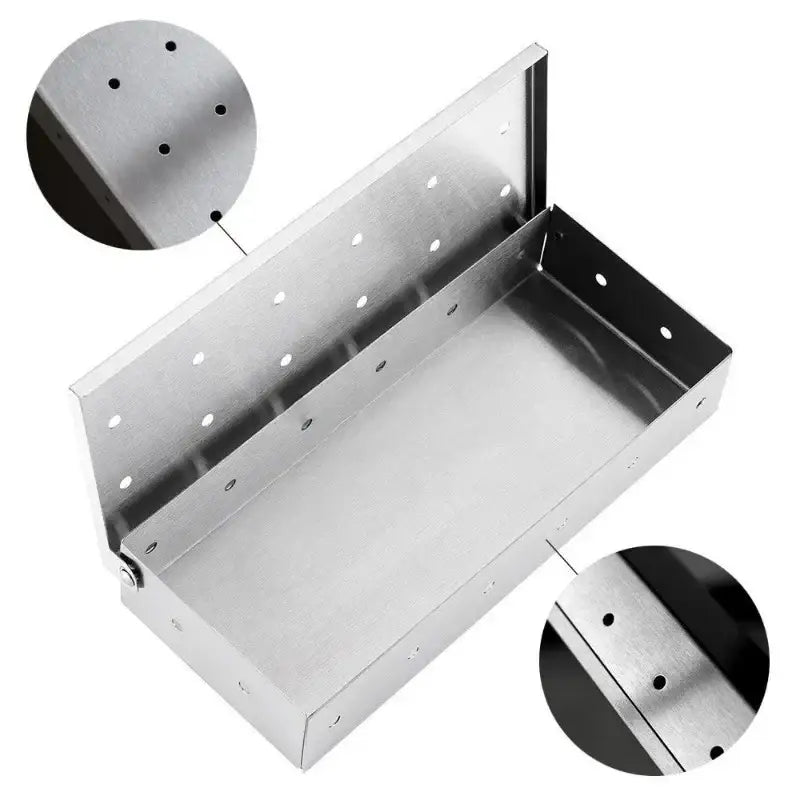 Rectangular stainless steel bbq smoker box with brushed metallic finish and evenly spaced holes for wood chips infusion