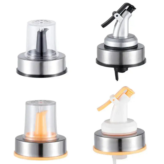 Stainless steel bottle cap stopper with colored plastic dispensers and black white or orange handles for kitchen use