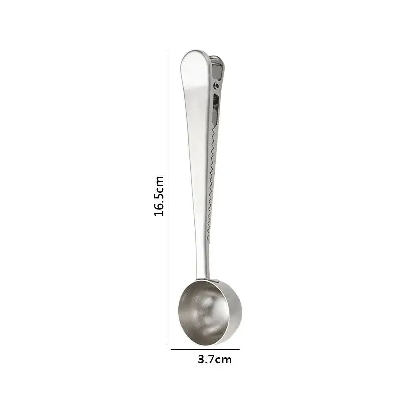 A sleek 16.5cm stainless steel coffee spoon with rounded bowl and sealing clip handle for secure grip in kitchen use