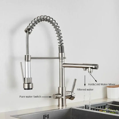Stainless steel coiled spring kitchen water filter faucet with flexible hose and pull-down spray head for decorbites kitchen water filter
