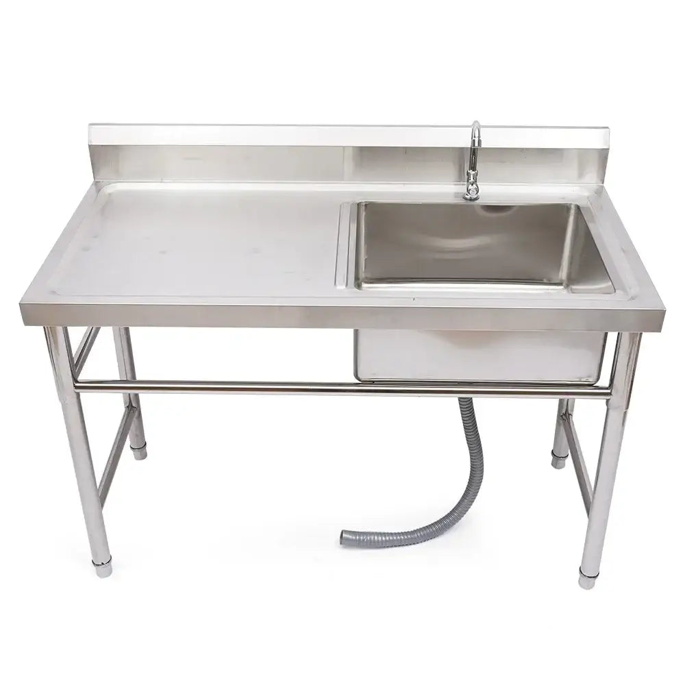 Stainless steel commercial kitchen sink with single basin left platform and integrated countertop with faucet