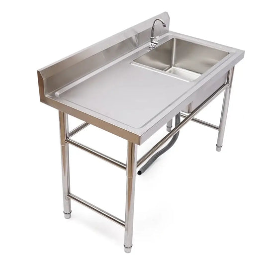 Stainless steel commercial kitchen sink with single basin, left platform, integrated countertop, and faucet