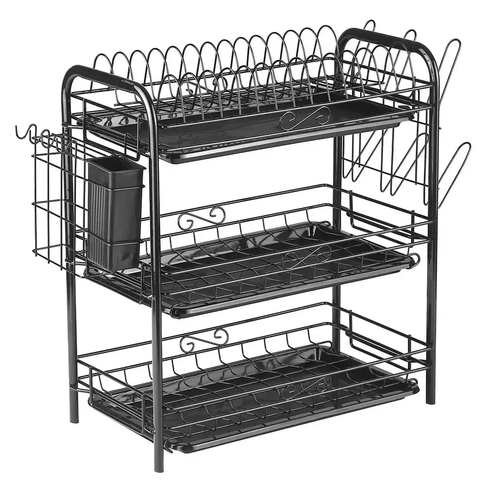Black metal three-tier kitchen drying rack with decorative scrollwork and built-in utensil holder organizer shelf