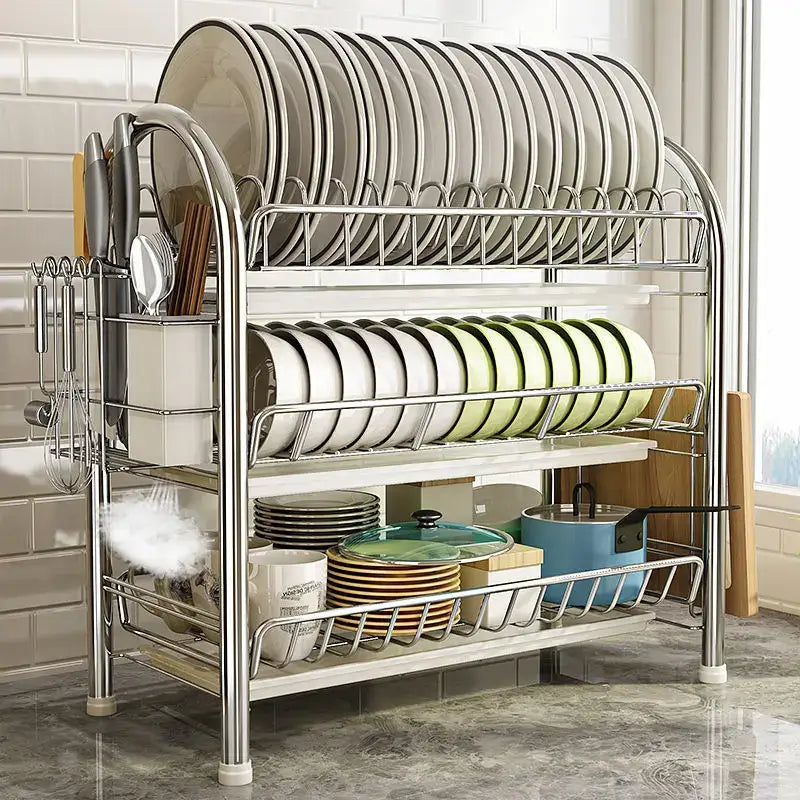 Stainless steel curved kitchen drying rack with two tiers and integrated utensil holders organizer shelf