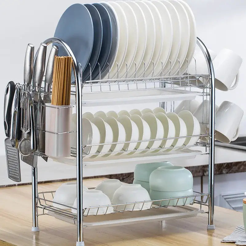 Stainless steel curved two-tier kitchen drying rack with wire mesh shelves and side utensil holder organizer shelf