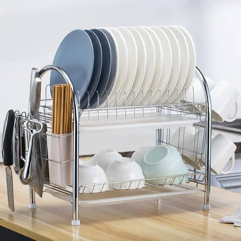 Stainless steel two-tier kitchen drying rack with curved handles and side utensil holder organizer shelf