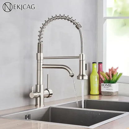 Stainless steel decorbites dual mode kitchen faucet with flexible coiled spring spout and pull down spray head for mode water filter use