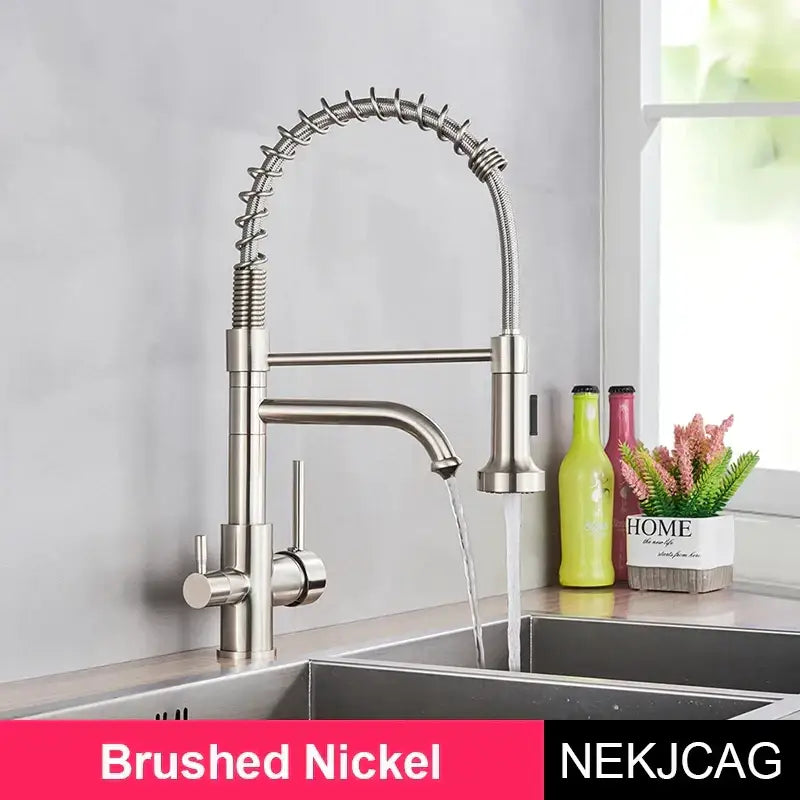 Brushed nickel stainless steel decorbites dual mode kitchen faucet with flexible spring neck and pull-down spray head