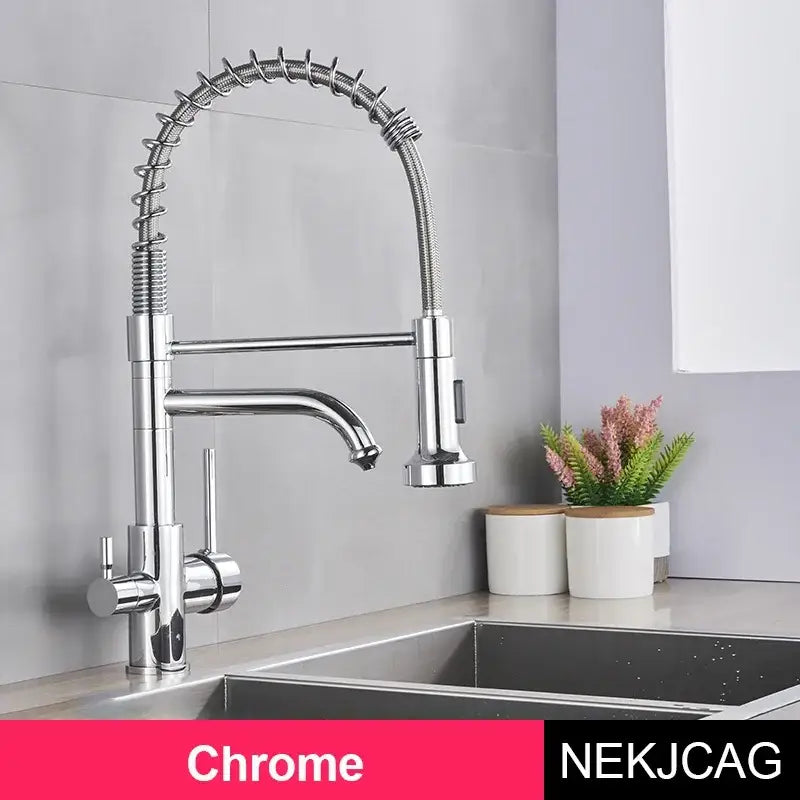 Chrome finished stainless steel decorbites dual mode water filter kitchen faucet with flexible coiled spout and pull-down spray head