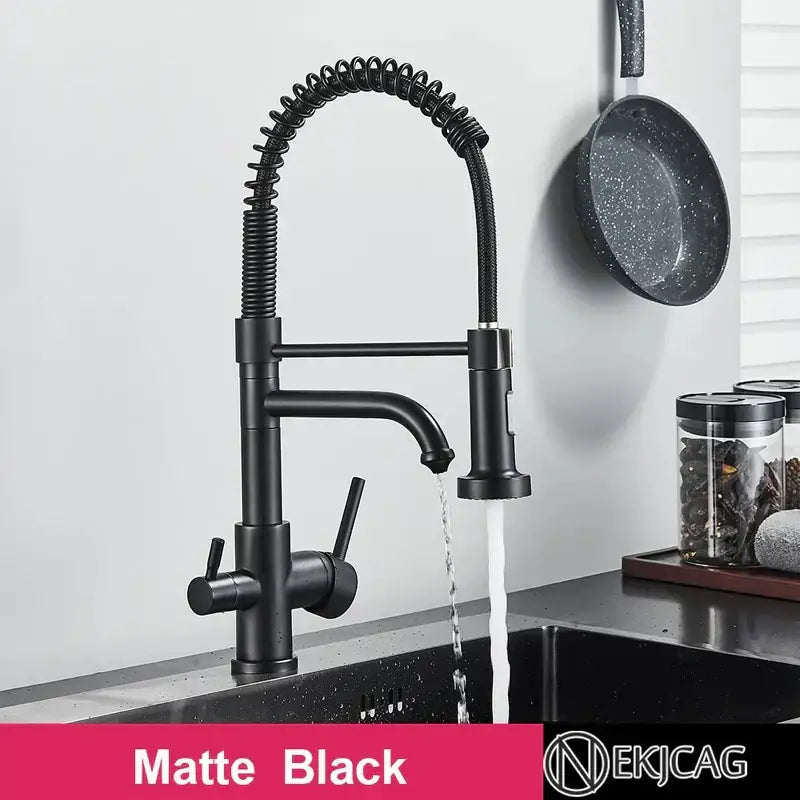 Matte black stainless steel decorbites dual mode water filter kitchen faucet with flexible coiled spring neck and dual handles