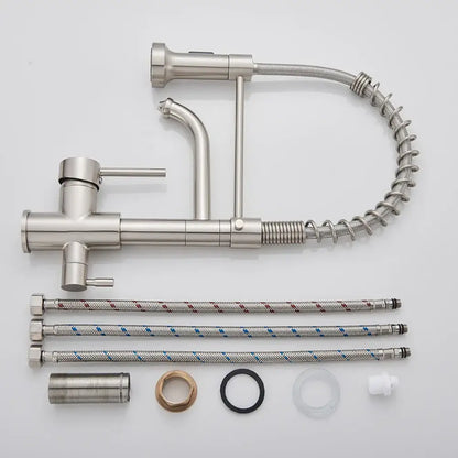 Stainless steel decorbites dual mode kitchen faucet with flexible coiled hose and three braided supply lines for mode water filter
