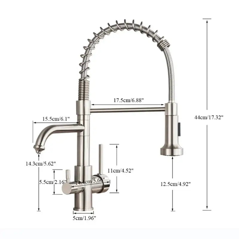 Stainless steel decorbites dual mode kitchen faucet with flexible spiral neck sprayer and dual handles for mode water filter