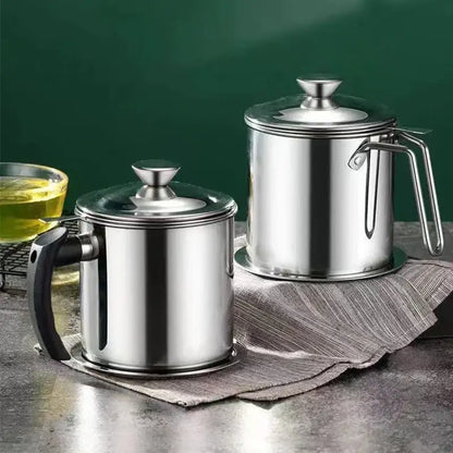 Shiny stainless steel deep fryer pot with strainer tongs and black handle oil separator by decorbites deep fryer