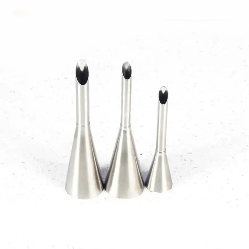 Set of three stainless steel dessert puff cream nozzles with tapered conical bodies and oval openings for baking use