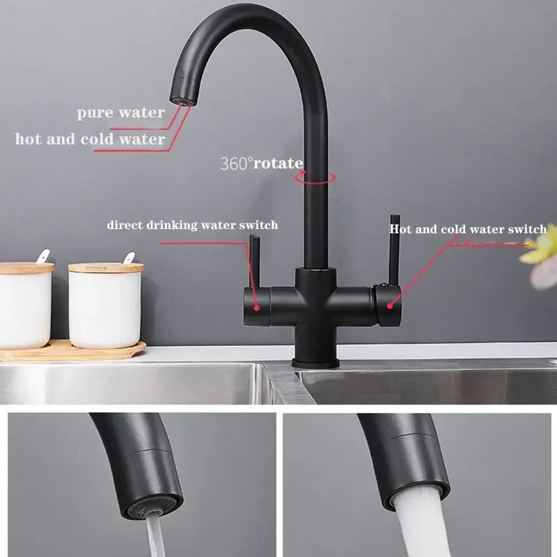 Black matte stainless steel dual handle kitchen faucet with curved spout and 360 rotation for high-pressure pull-out use
