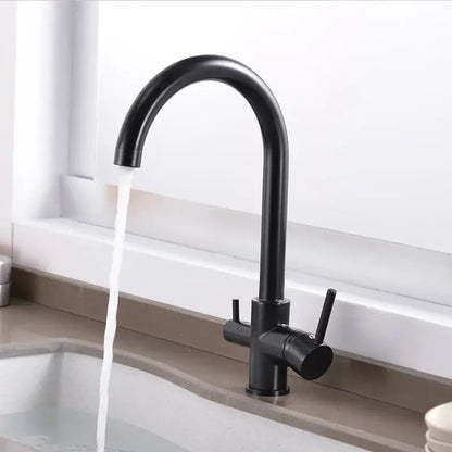 Black matte stainless steel dual handle kitchen faucet with 360 rotation and high-pressure pull-out sprayer