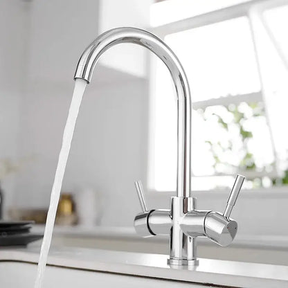 Chrome-finished stainless steel dual handle kitchen faucet with sleek curved spout and 360 rotation high-pressure pull-out