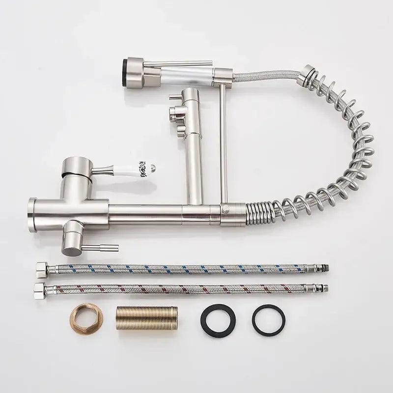 Stainless steel dual spout pull down kitchen faucet with flexible coiled hose multiple spray settings by decorbites