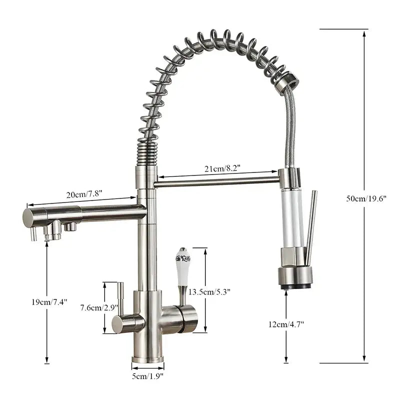 Stainless steel kitchen faucet with flexible coiled gooseneck spout and white ceramic handle decorbites dual spout pull
